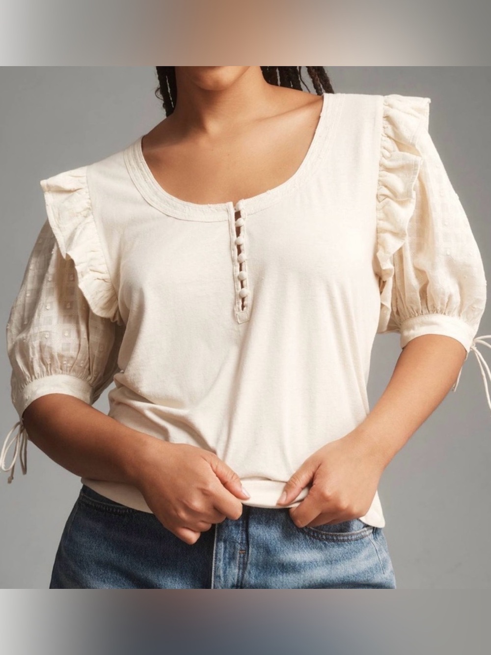 Anthropologie Soft Cream Ruffled Sleeve Women's Top